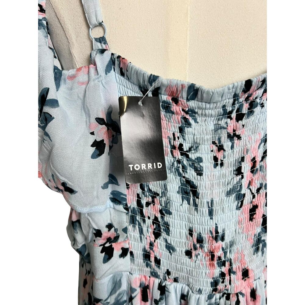Torrid Floral Sundress Womens 2X Plus Blue Cold Shoulder Ruffle Midi Boho Summer - Picture 7 of 12